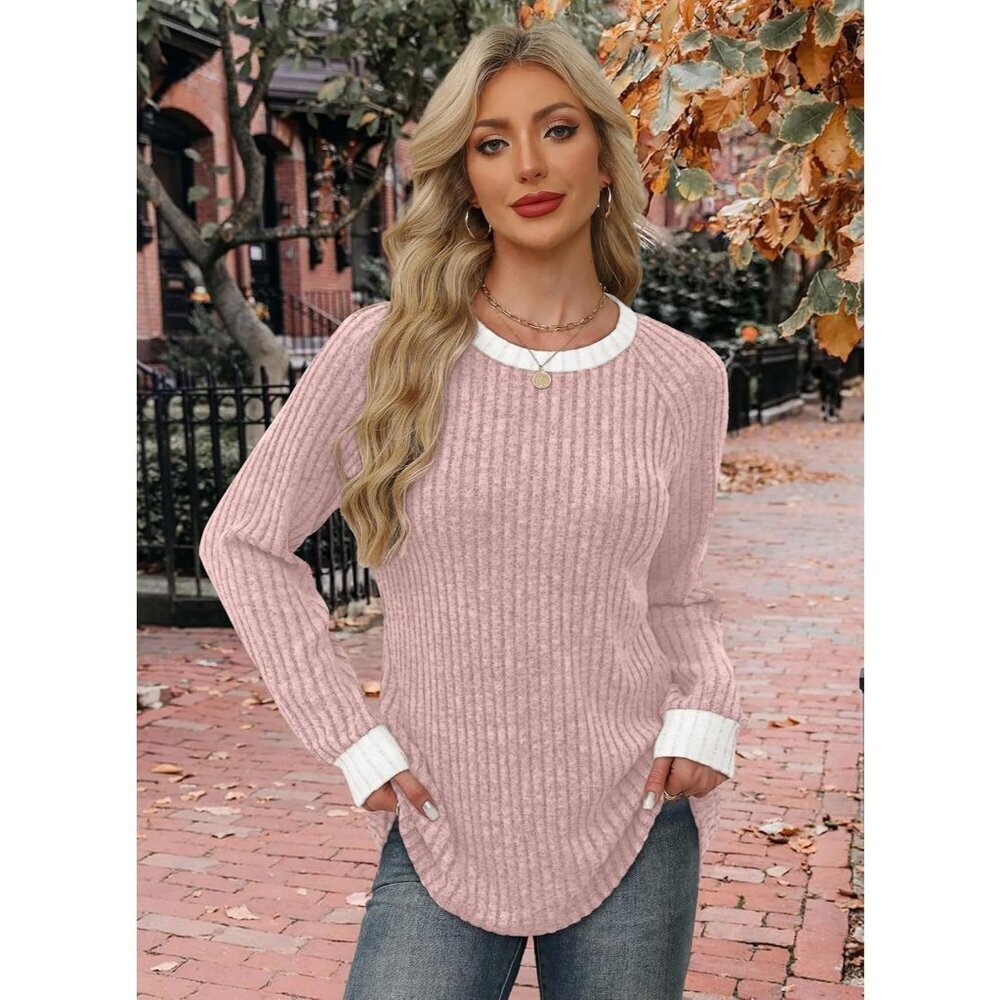 Women's 04-Pink Long Sleeve Sweaters Shirts Lightweight Block Outfit Clothing - Picture 3 of 5